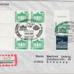 DDR/VGO - 50 Pfg. Bauwerke 4er-Block Zwischensteg/Leerfelder u.a. R-Brief 1991