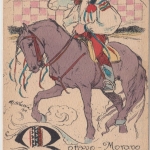 Tschechien - Moravo-Moravo...farb. Künstlerkarte Reiter mit Pferd, geschr. 1919