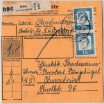 BRD - 7 Pfg. Bed. Deutsche 8er-Block u.a., Paketkarte Hilter - Osnabrück 1963