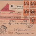Bayern - 5x30 Pfg. Ludwig/Freistaat, Nachnahme-Paketkarte Würzburg 1920 n.
