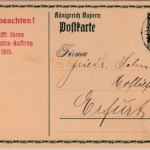 Bayern - 5 Pfg. Hupp GA-Karte priv. Zudruck Fa. Metzger München - Erfurt 1915