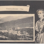 Thüringen - Unterneubrunn Ortsansicht Mädchen/Tracht Passepartout-AK 1907