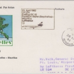 Seychellen - 2,75 R. Landkarte Etappenpost LH-Erstflug FFM - Mauritius 1982
