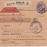 DR - 60 Pfg. Germania Perfin Nachnahme Paketkarte Berlin Altötting 1916