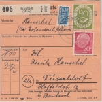 BRD - 90+20 Pfg. Posthorn/Heuss Paketkarte Erlenbach - Düsseldorf 1954