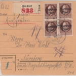 Bayern - 4x75 Pfg. Ludwig/Volksstaat Einschreiben Paketkarte Frensdorf 8. MAI 20