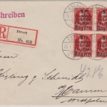Bayern - 15 Pfg. Kriegsbeschädigte 4er-Block Einschreibebrief Ebrach 1920