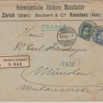 Schweiz - 50+25 Rp. steh. Helvetia Einschreibebrief Zürich - München 1906