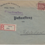 DR - 60 Pfg. Stephan Postauftrag Einschreibebrief Viersen - Rheinbach 1925