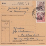 DDR - 70 a. 84 Pfg. 5J-Plan u.a. Paketkarte Crostwitz ü. Kamenz - Dresden 1954