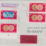 DDR - 3x20+25 Pfg. 25 Jahre FDGB Eilbrief Löcknitz - Mainz 1970