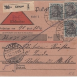 DR - 3x75 Pfg. Germania Nachnahmepaketkarte Ebingen - Stetten 1921