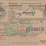 DR - 80 Pfg. Germania Perfin AvdN Paketkarte i.d. SCHWEIZ Remscheid Zürich 1908