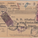 DR - 1 M. Reichspostamt u.a. Paketkarte n. BULGARIEN Triebes - Rustschuck 1915