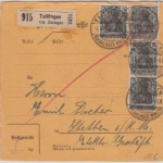 DR - 4x75 Pfg. Germania Mehrfachfrankatur Paketkarte Tailfingen - Stetten 1921