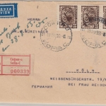 Bulgarien - 3x44 St. Freimarken Luftpost Einschreibebrief Sofia - Köln 1953