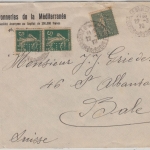 Frankreich - 2x5+15 C. Säerin Perfin RTR Brief i.d. SCHWEIZ Marseille Basel 1920