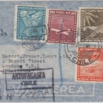 Chile - 20 P. u.a. Flugpost Luftpost Einschreibebrief Antofagasta London 1954