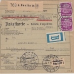 DR - 2x40 Pfg. Hindenburg Paketkarte/Beutelstück n. TSCHECHIEN Berlin 1936