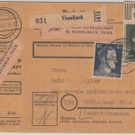 DR - 1 RM + 80 Pfg. AH Paketkarte Vieselbach - Röthenbach 12.2.45