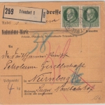 Bayern - 10x7 1/2 Pfg. Ludwig Paketkarte Triesdorf - Nürnberg 1920