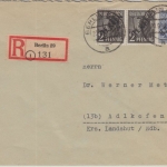 Berlin - Schwarzaufdruck 80+2x2 Pfg. Einschreibebrief SW29 - Adlkofen 20.9.48