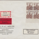 Berlin - 80 Pfg Bauwerke Viererblock Unterrand Eilortseinschreiben Hannover 1964