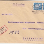 DR - 2x20 Pfg. 1000 J. Rheinland Einschreibebrief Schwenningen - Rottweil 1925