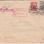 Lettland - 50+10 S. Staatswappen Einschreibebrief n. DÄNEMARK Riga 1928 n.