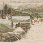 Schweiz - Gruss aus dem Engadin farbige Mehrbild-Litho gelaufen Silvaplana 1896