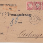 Bayern - 10 Pfg. Wappen weite Welle 3er-Streifen Postauftrag Nördlingen ca. 1878