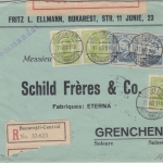 Rumänien - 2x25+3x5 B. König Karl Einschreibebrief i.d. SCHWEIZ Bukarest 1915