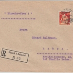 Schweiz - 20 Rp. sitz. Helvetia Einschreibebrief Zürich 3 Bahnhof - Arbon 1915