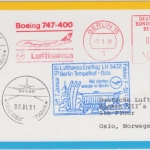 Berlin - 60 Pfg. Lufthansa AFS Erstflug Berlin Tempelhof - Oslo 1991