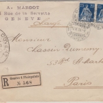 Schweiz - 2x25 C. sitz. Helvetia Einschreiben n. FRANKREICH Genf 4 1916