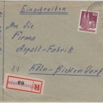 Bizone - 60 Pfg. Bauten Einschreibebrief Dachsenhausen - Köln-Bickendorf 1950