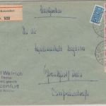 Bizone - 3x20 Pfg. Bauten Einschreibebrief Katzenfurt - Frankfurt a/M. 1951