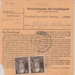 Bizone - 90 Pfg Bauten Paketkarte Beutelstück Koblenz - Riesa (DDR) 1951