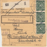All.Bes. - 3x50+40 Pfg. Ziffer Paketkarte Küps - Frankafurt a/M. 1946