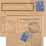 All.Bes./Kontrollrat - 3x50 Pfg Arbeiter Paketkarte Schongau Frankfurt a/M. 1948