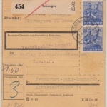 All.Bes./Kontrollrat - 3x50 Pfg Arbeiter Paketkarte Schongau Frankfurt a/M. 1948