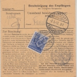 All.Bes./Kontrollrat - 3x50 Pfg Arbeiter Paketkarte Schongau Frankfurt a/M. 1948