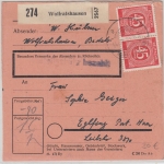 All.Bes./Kontrollrat - 45 Pfg Ziffer Paar Paketkarte Wolfratshausen Eglfing 1948