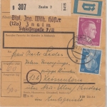 Böhmen & Mähren - 40+20 Pfg. AH Paketkarte/Beutelstück Znaim Weissenhorn 20.2.45