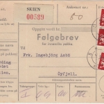 Norwegen - 3x20 Ö. Wappenlöwe Paketkarte Skien - Öyfjell 8.9.45