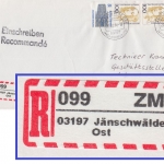 BRD - Jänschwälde/Ost selbstkl. R-Zettel Einschreibebrief n. Berlin 1996