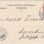 DP Türkei - 20 P. a. 10 Pfg. Germania Briefmarken-Prägekarte Constantinopel 1906