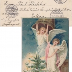 Weihnachten - Engel Christbaum Glocke farbige Ansichtskarte Plauen 1901