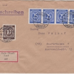 All.Bes./Kontrollrat 25 Pfg Ziffer 4er-Streifen u.a. Einschreibebrief Halle 1947