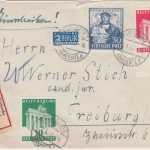 Bizone - 10+20 Pfg. Berlin-Hilfe u.a. Einschreibebrief Karlsruhe - Freiburg 1950